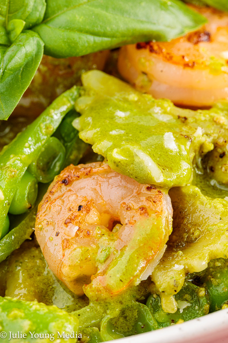 Shrimp Pesto Pasta with Snap Peas