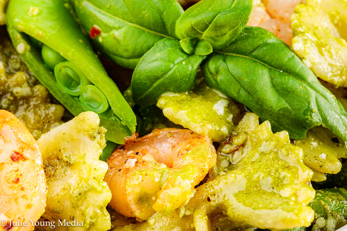 Shrimp Pesto Pasta with Snap Peas