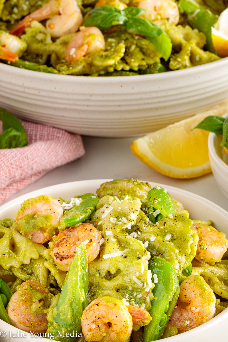 Shrimp Pesto Pasta with Snap Peas