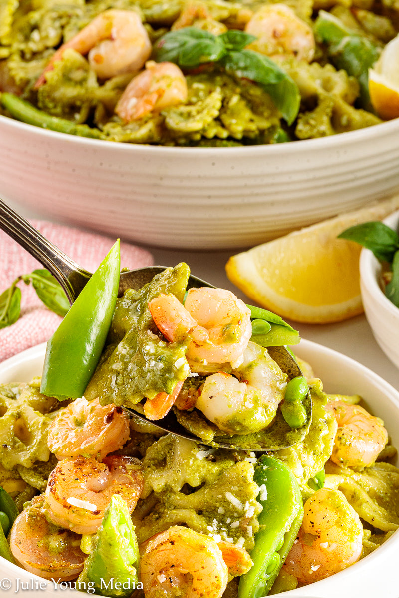 Shrimp Pesto Pasta with Snap Peas