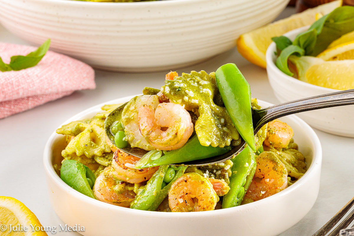 Shrimp Pesto Pasta with Snap Peas