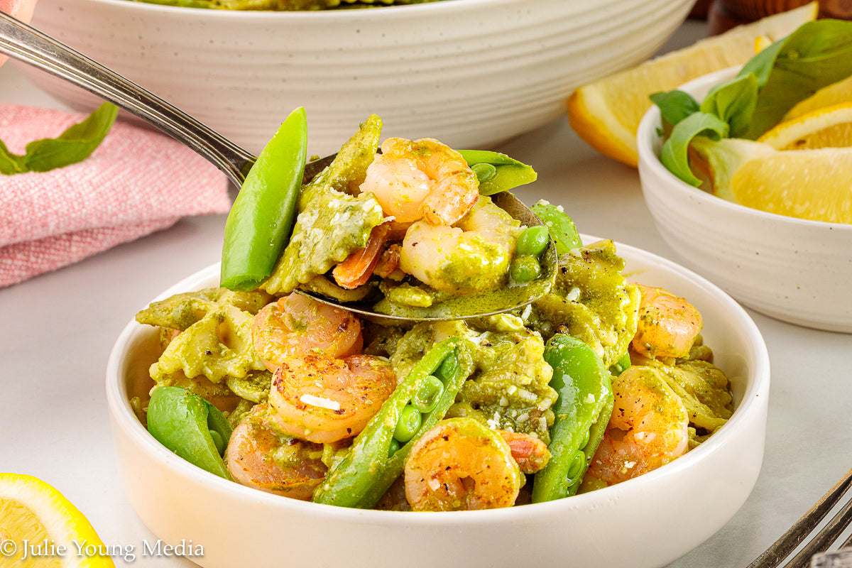 Shrimp Pesto Pasta with Snap Peas