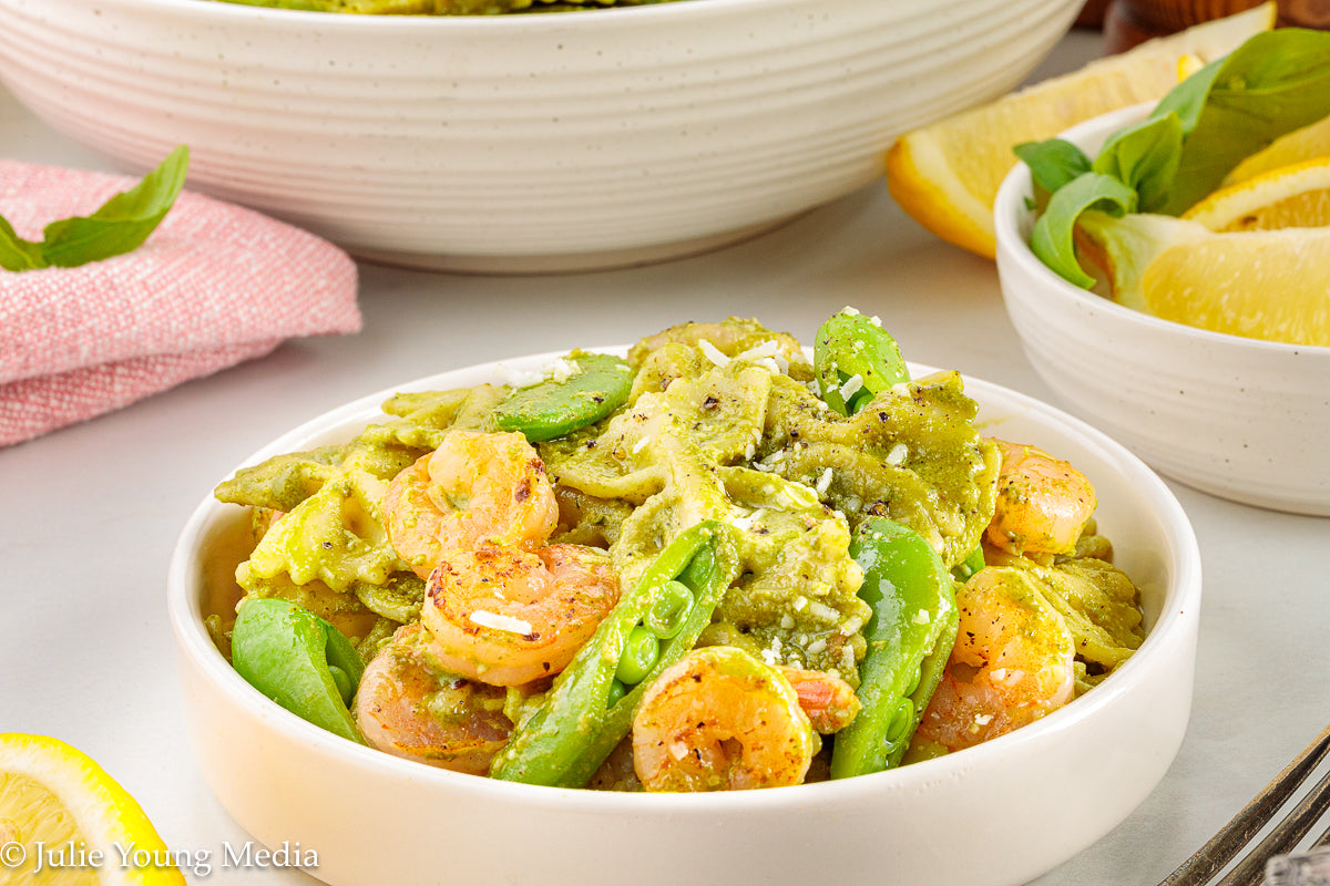 Shrimp Pesto Pasta with Snap Peas