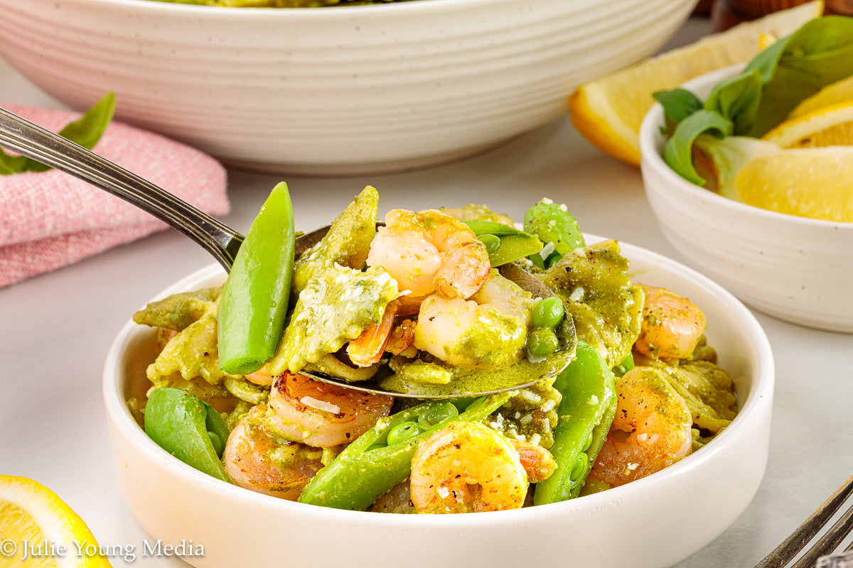 Shrimp Pesto Pasta with Snap Peas