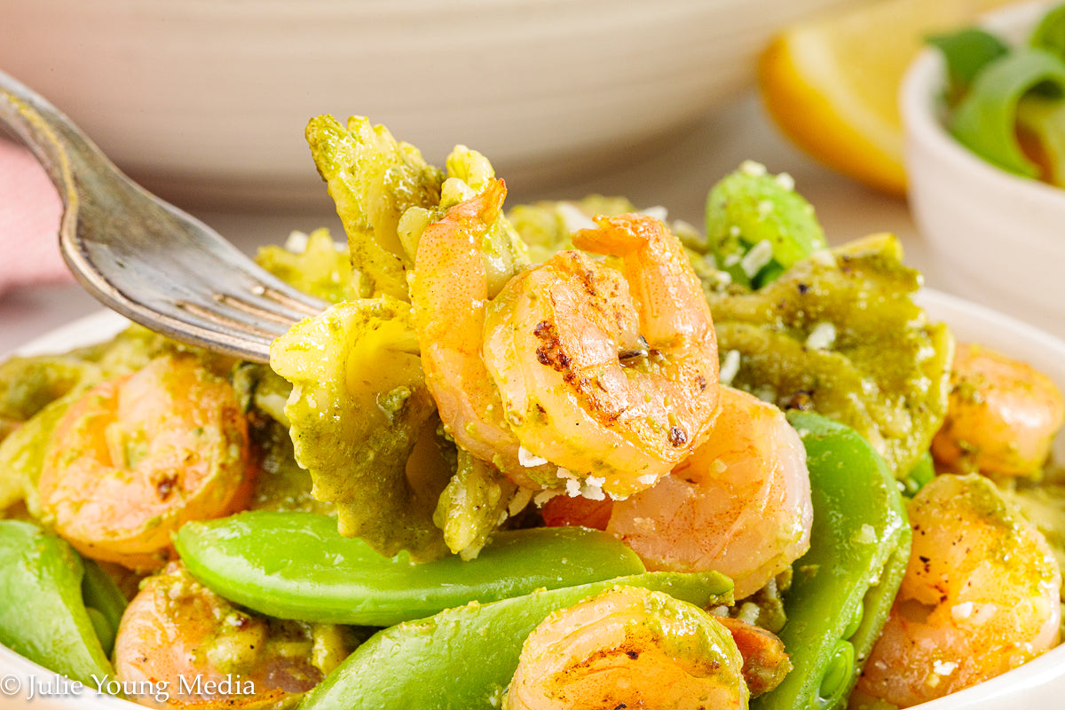 Shrimp Pesto Pasta with Snap Peas