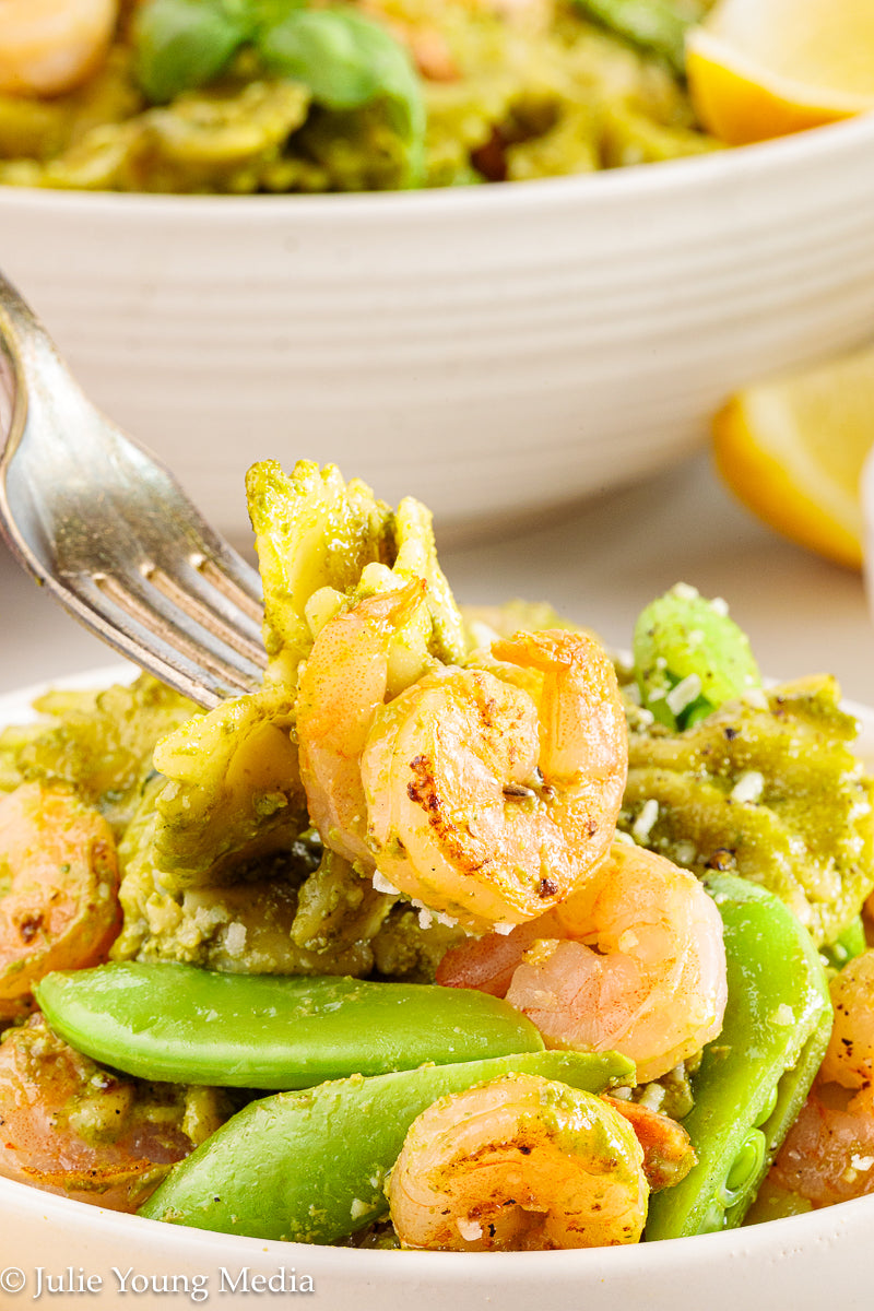 Shrimp Pesto Pasta with Snap Peas
