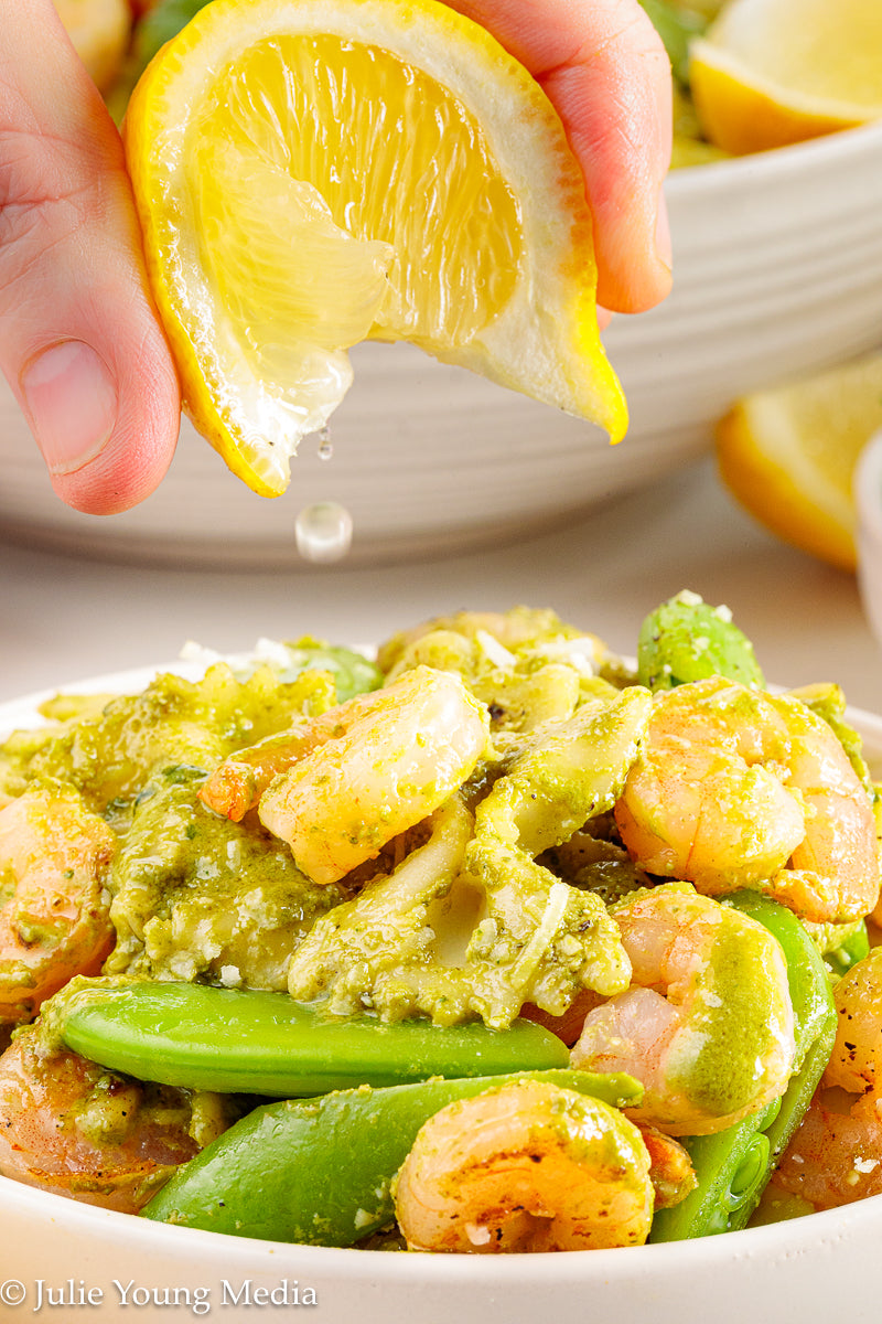 Shrimp Pesto Pasta with Snap Peas