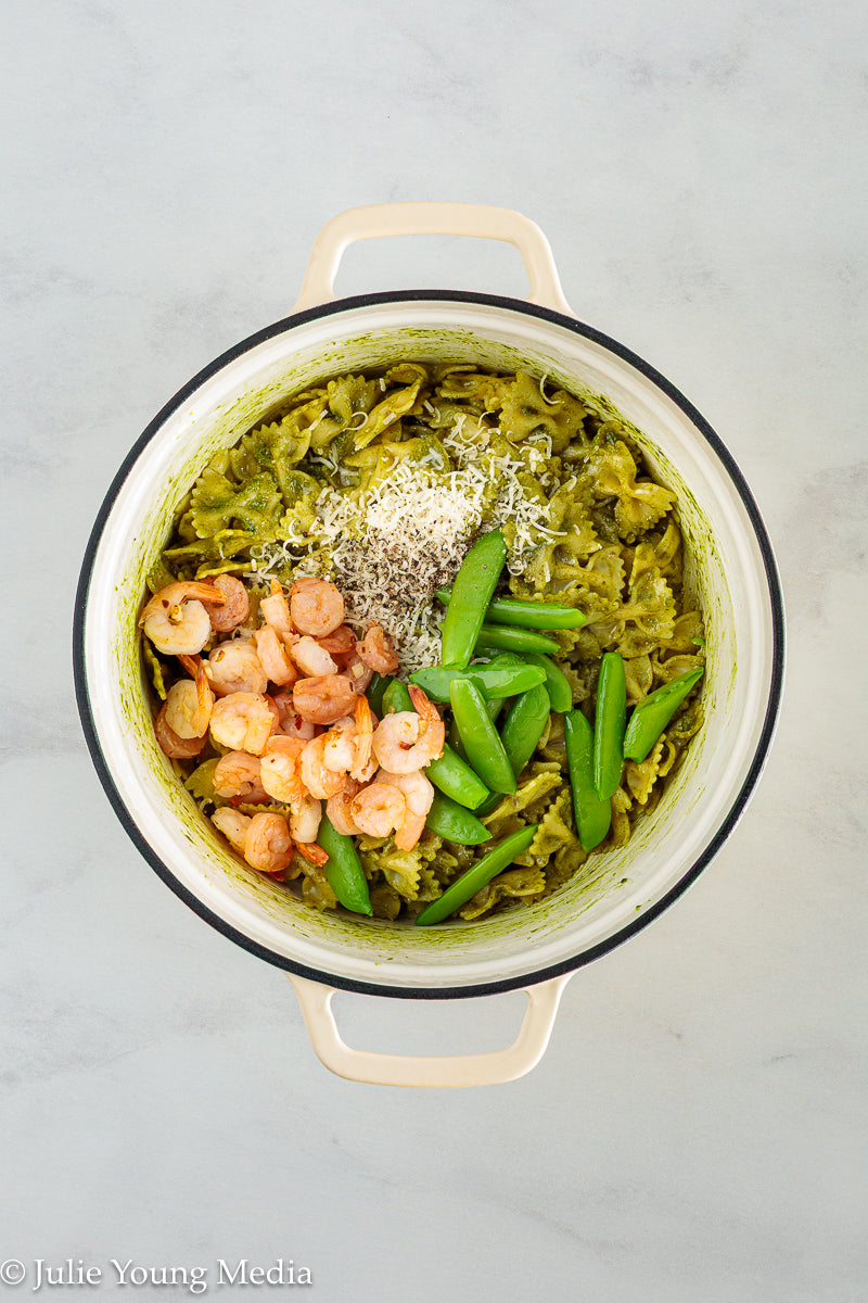 Shrimp Pesto Pasta with Snap Peas