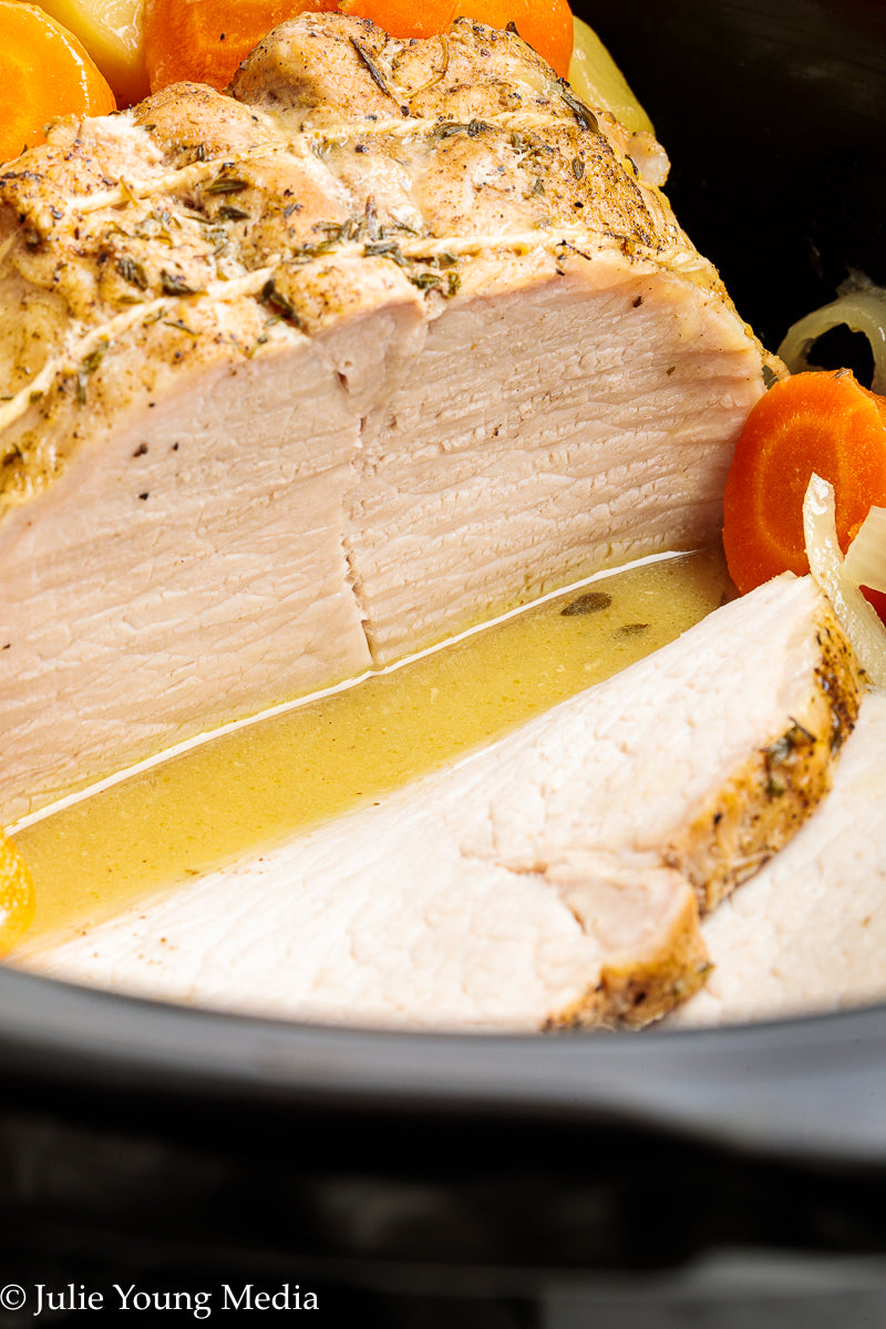 Slow Cooker Pork Loin with Apple Cider and Onion Gravy
