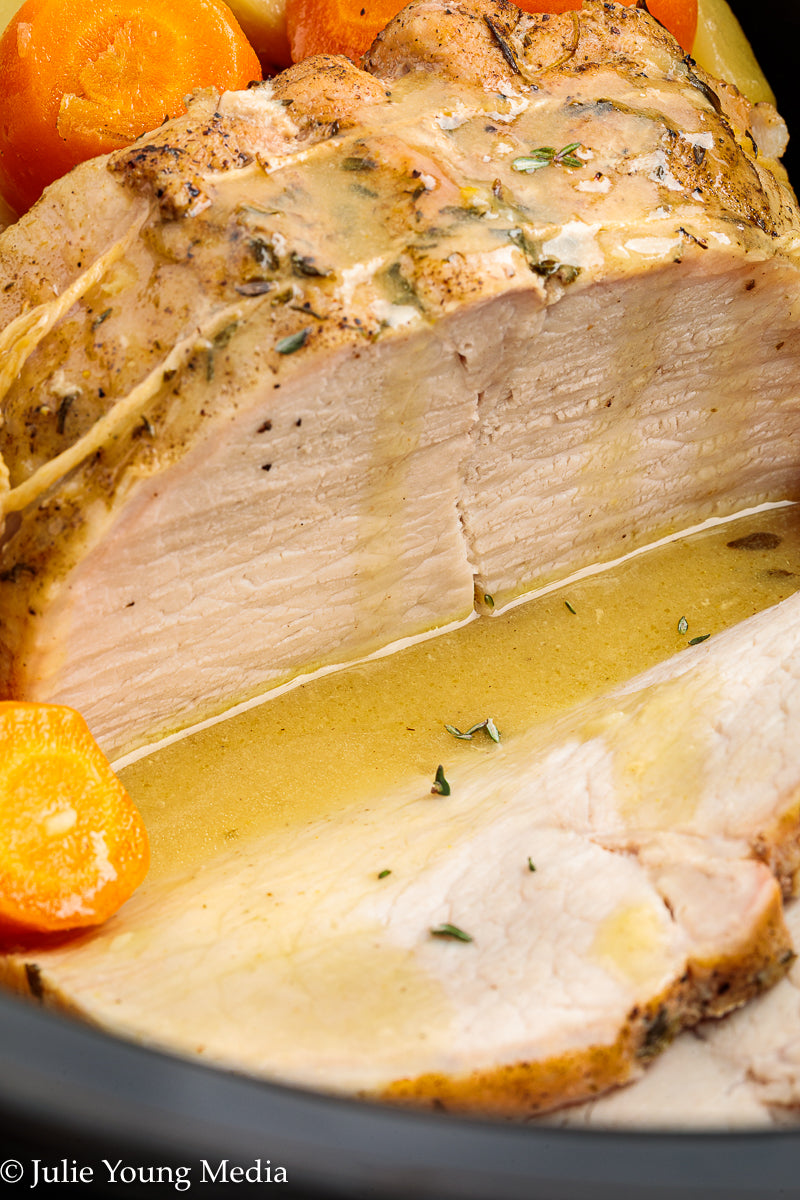 Slow Cooker Pork Loin with Apple Cider and Onion Gravy