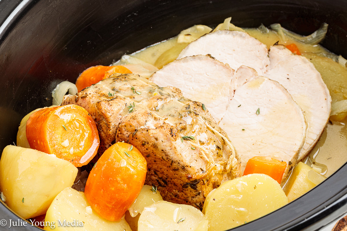 Slow Cooker Pork Loin with Apple Cider and Onion Gravy