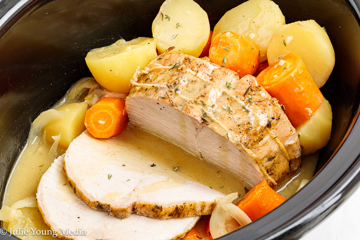 Slow Cooker Pork Loin with Apple Cider and Onion Gravy