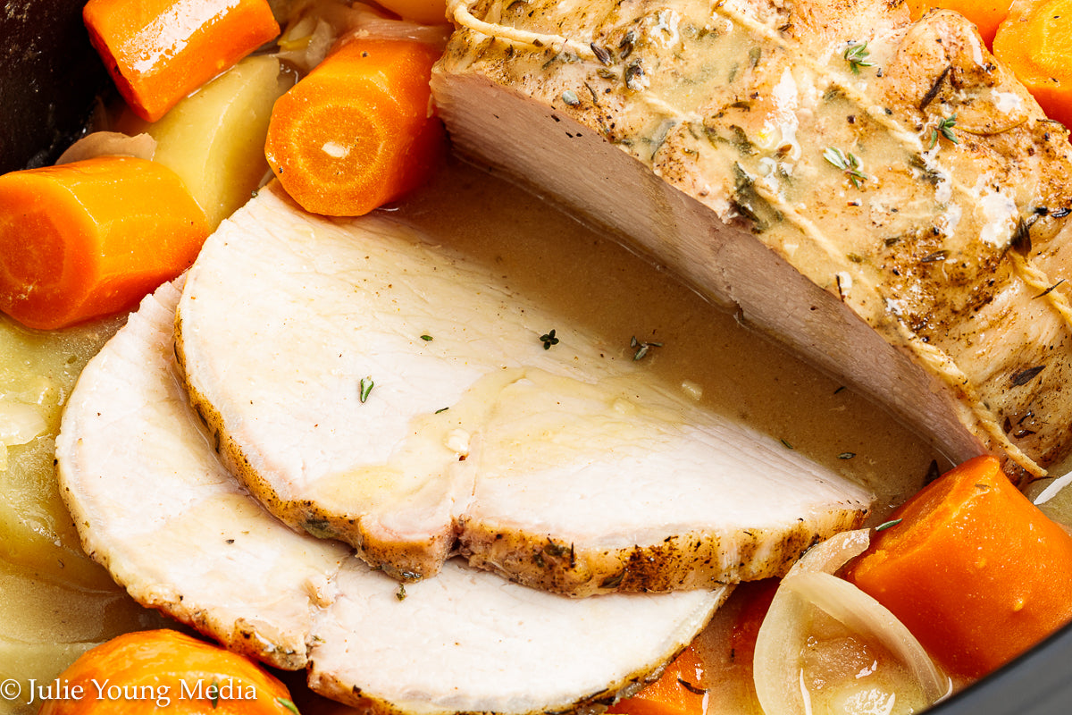 Slow Cooker Pork Loin with Apple Cider and Onion Gravy
