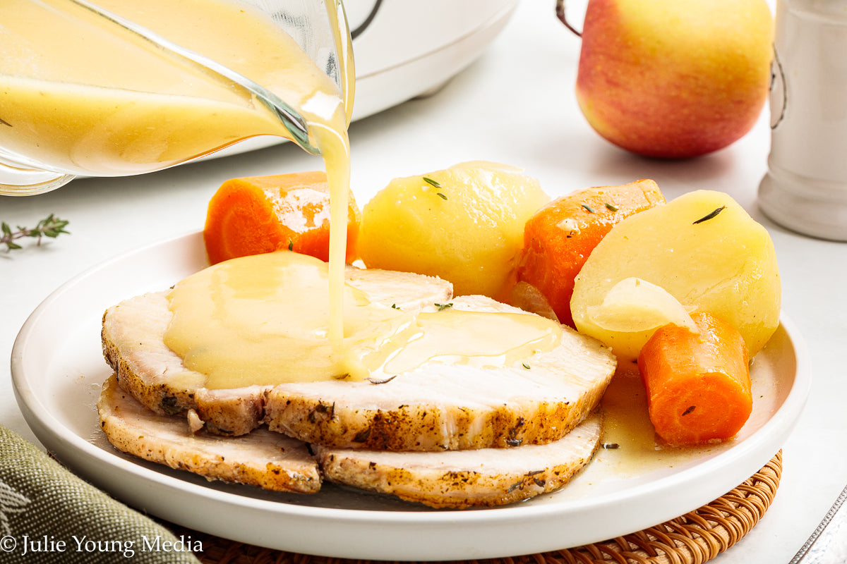Slow Cooker Pork Loin with Apple Cider and Onion Gravy