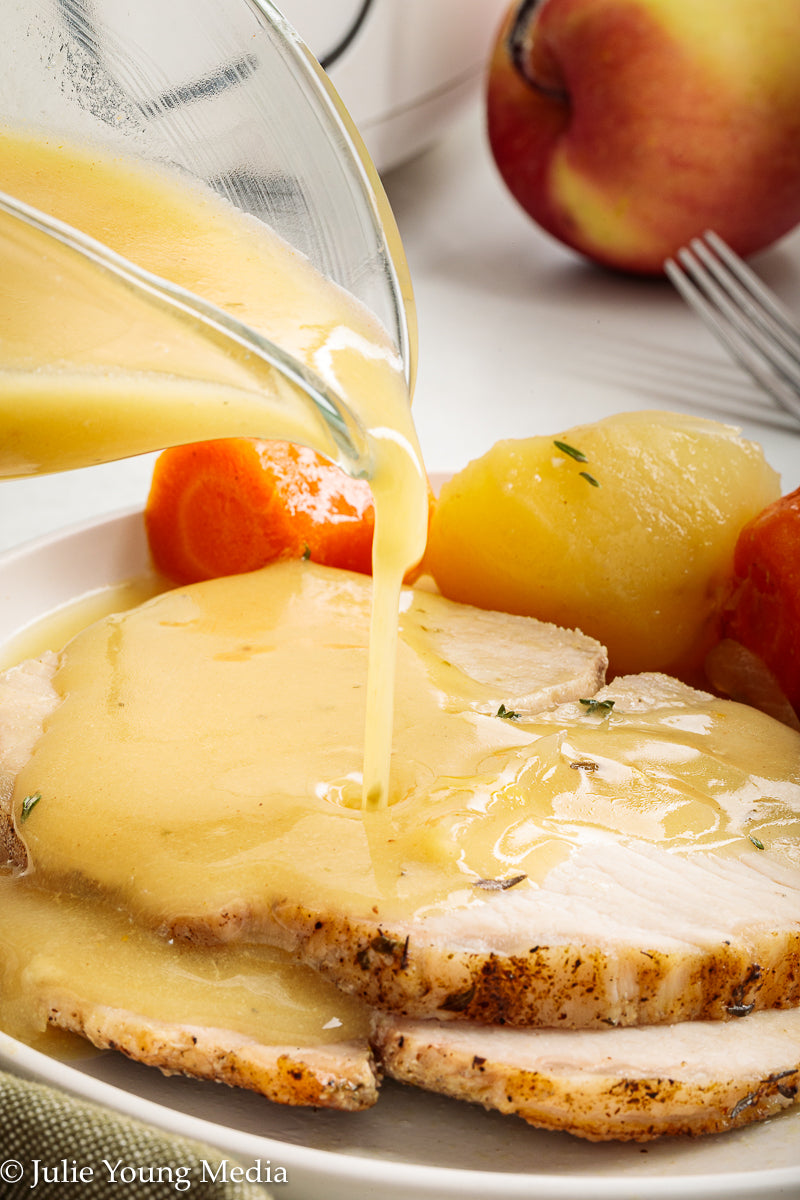 Slow Cooker Pork Loin with Apple Cider and Onion Gravy
