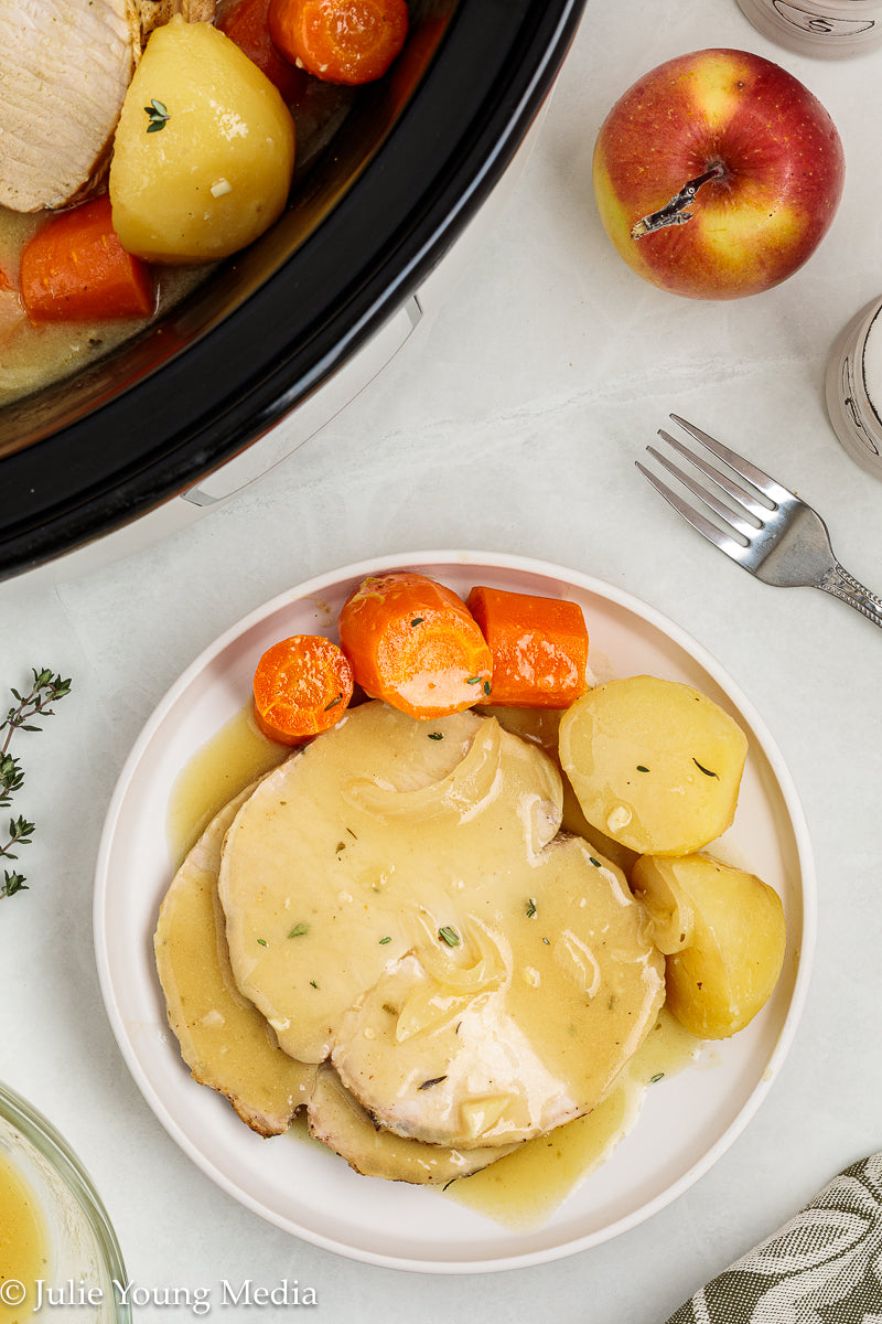 Slow Cooker Pork Loin with Apple Cider and Onion Gravy