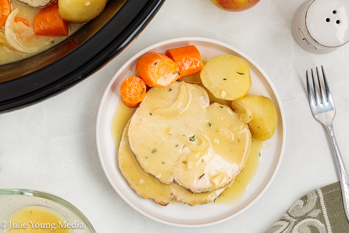 Slow Cooker Pork Loin with Apple Cider and Onion Gravy