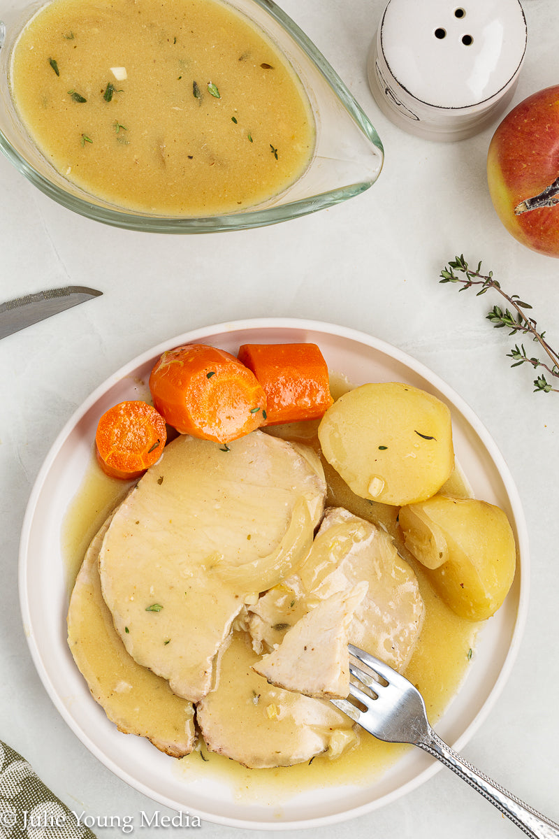 Slow Cooker Pork Loin with Apple Cider and Onion Gravy