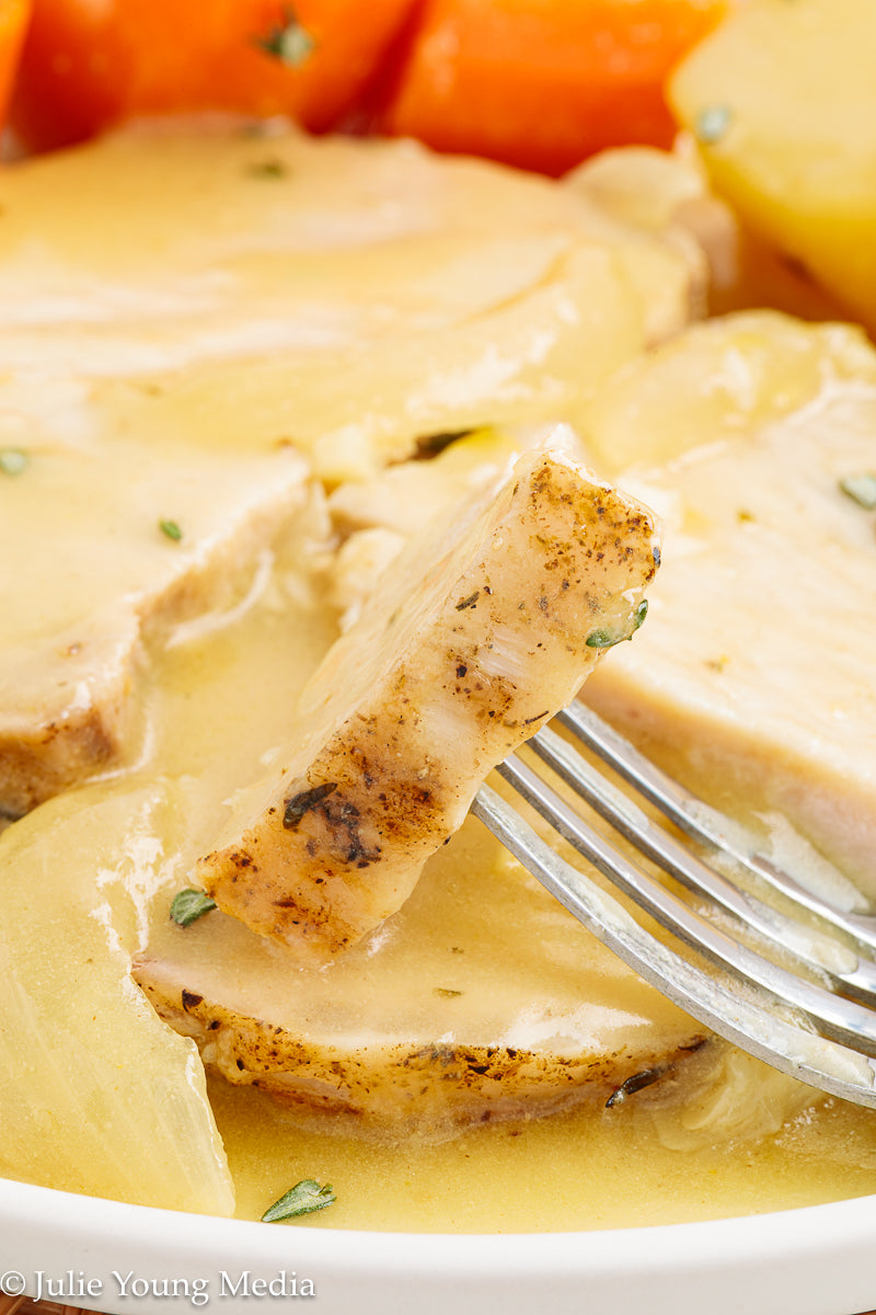 Slow Cooker Pork Loin with Apple Cider and Onion Gravy