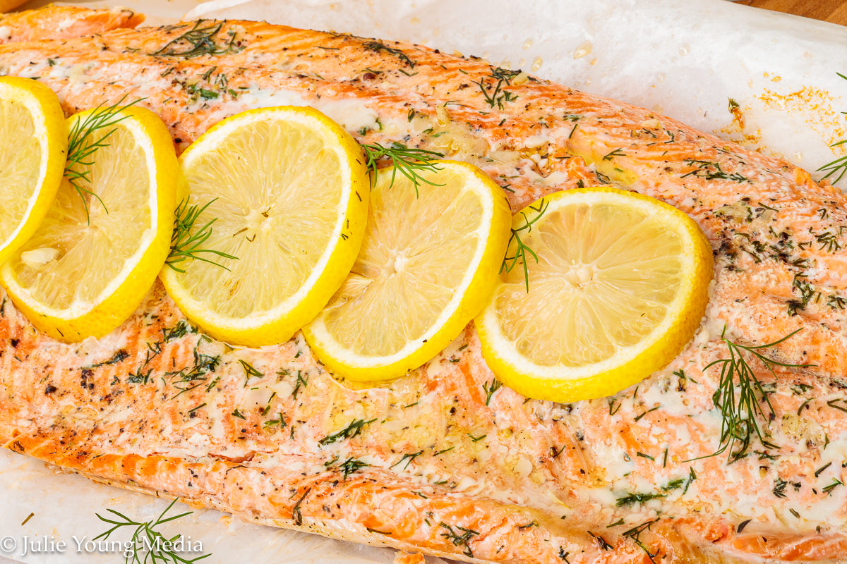 Baked Steelhead Trout with Horseradish and Dill Sour Cream Sauce