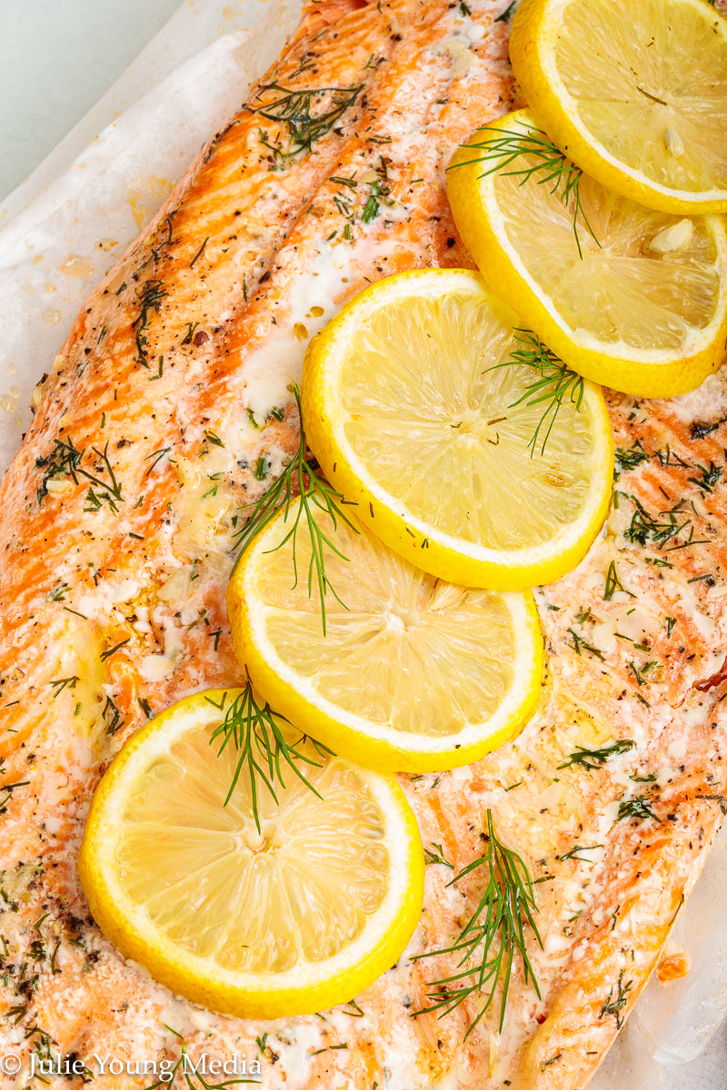 Baked Steelhead Trout with Horseradish and Dill Sour Cream Sauce