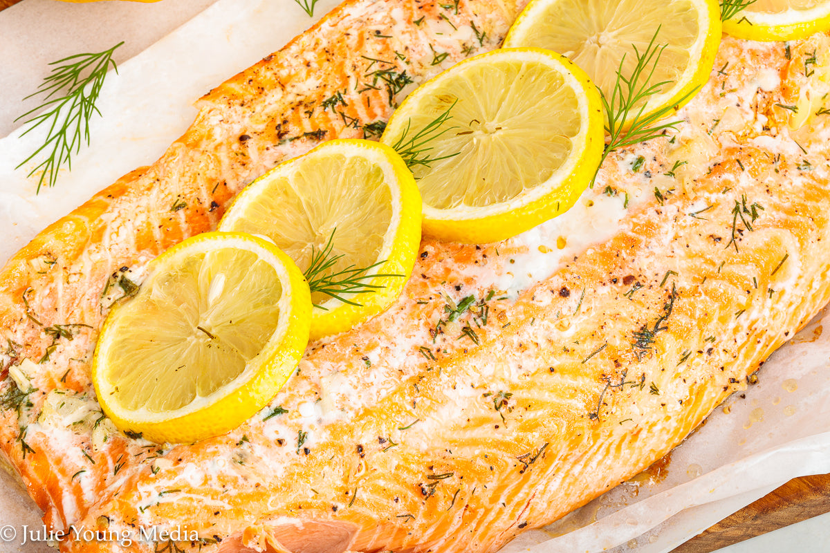 Baked Steelhead Trout with Horseradish and Dill Sour Cream Sauce