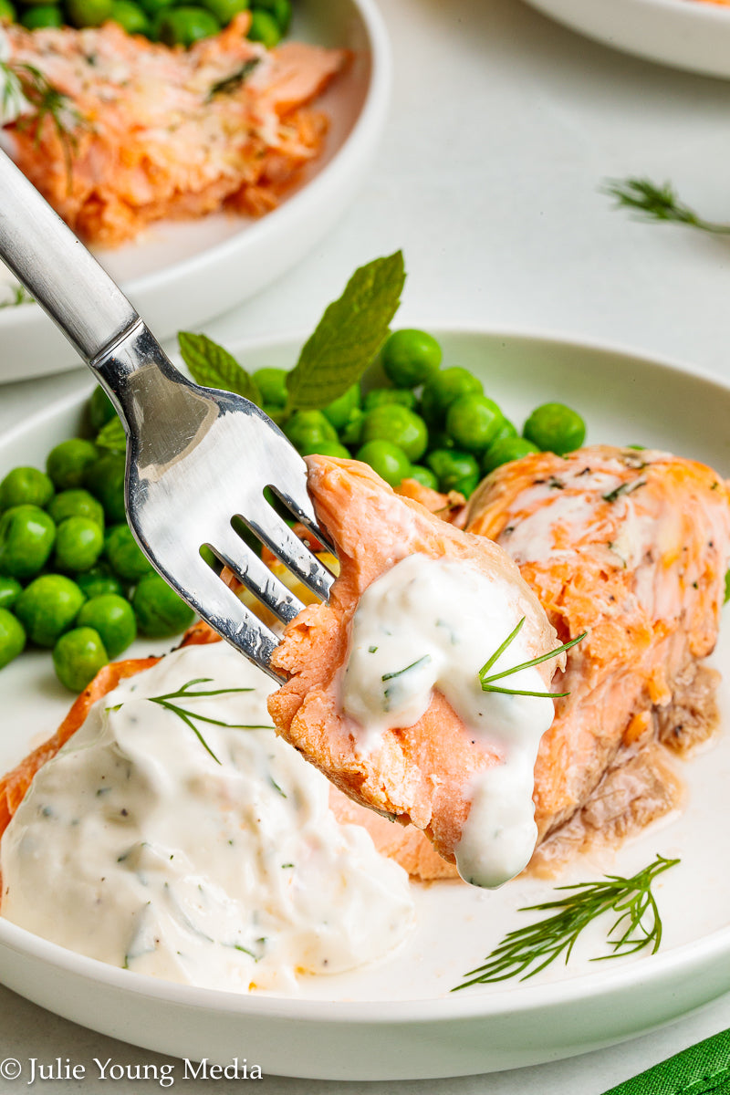 Baked Steelhead Trout with Horseradish and Dill Sour Cream Sauce