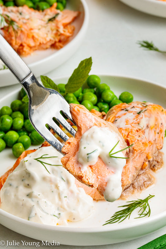 Baked Steelhead Trout with Horseradish and Dill Sour Cream Sauce