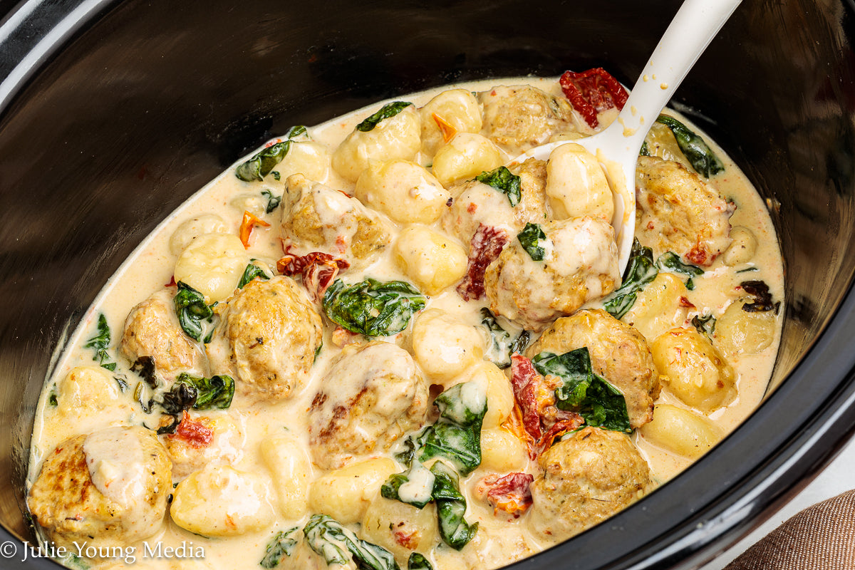 Tuscan Chicken Meatballs with Gnocchi (Slow Cooker)